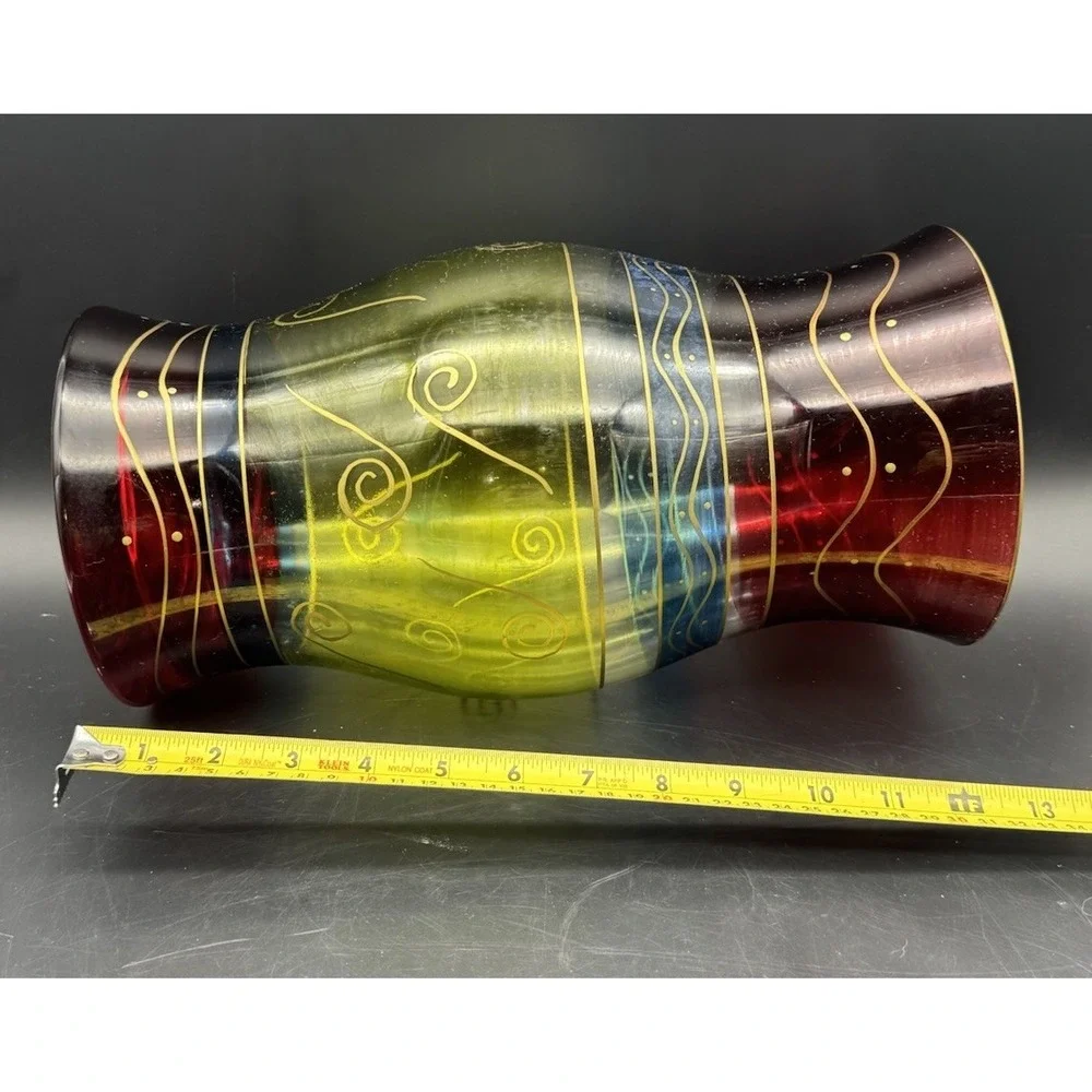 Vintage Pier 1 Hand Painted Glass Hurricane Vase Colorful Swirl 12